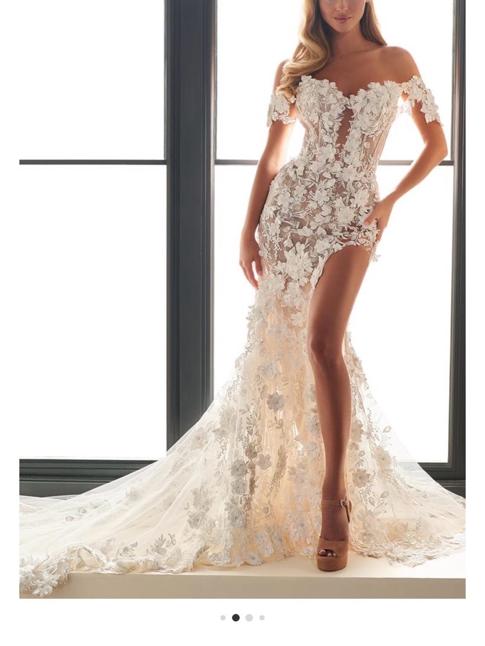 Mon Cheri Enchanting Ivory Off-Shoulder Floral Lace Wedding Gown